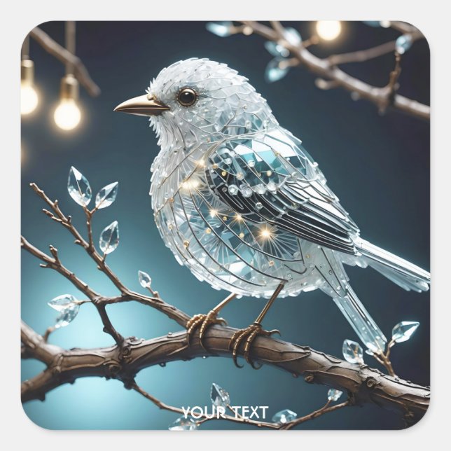 Fantasy Cute Glass Bird Branch Square Sticker (Front)