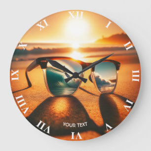Fantasy Cute Glasses Sunset Beach Large Clock