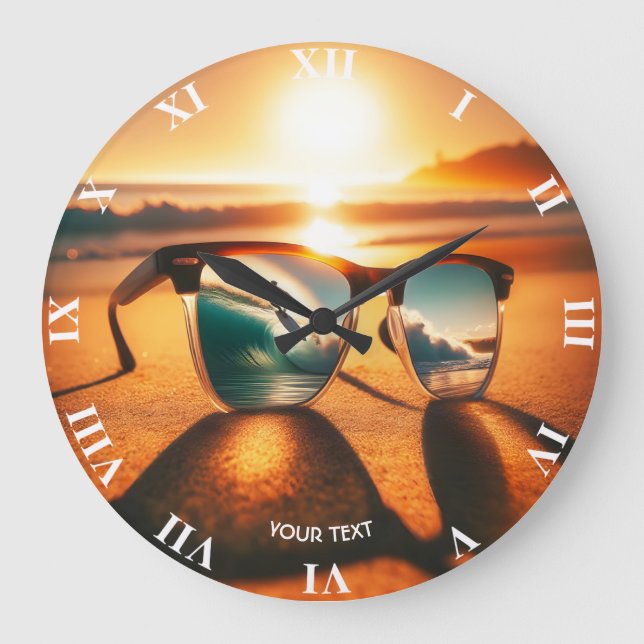 Fantasy Cute  Glasses Sunset Beach Large Clock (Front)