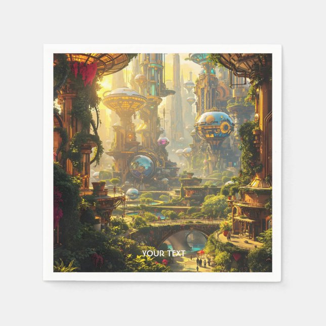 Fantasy Cute Green Future City Napkins (Front)