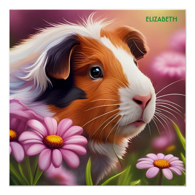 Fantasy Cute Guinea Pig Flowers Poster (Front)