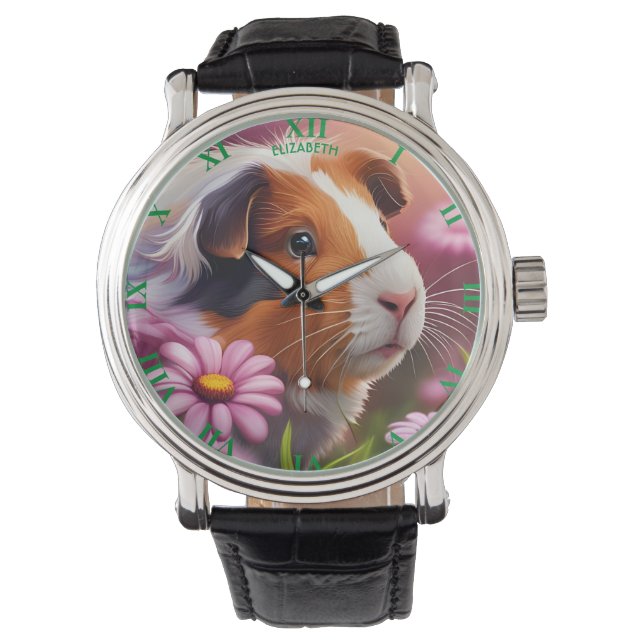 Fantasy Cute Guinea Pig Flowers Watch (Front)