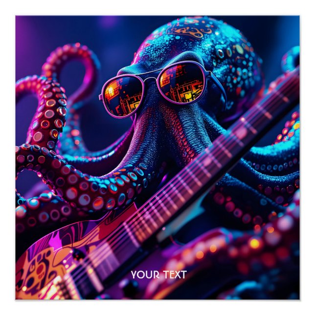 Fantasy Cute Guitar Sunglasses Octopus Poster (Front)