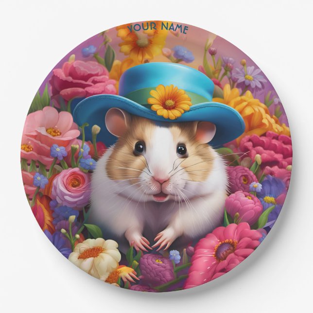 Fantasy Cute Hamster Hat Flowers Paper Plates (Front)