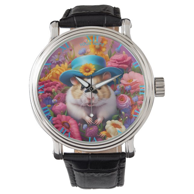 Fantasy Cute Hamster Hat Flowers Watch (Front)