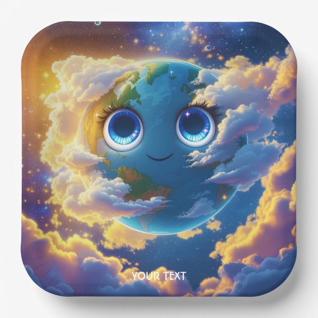Fantasy Cute Happy Earth Space Paper Plates (Front)