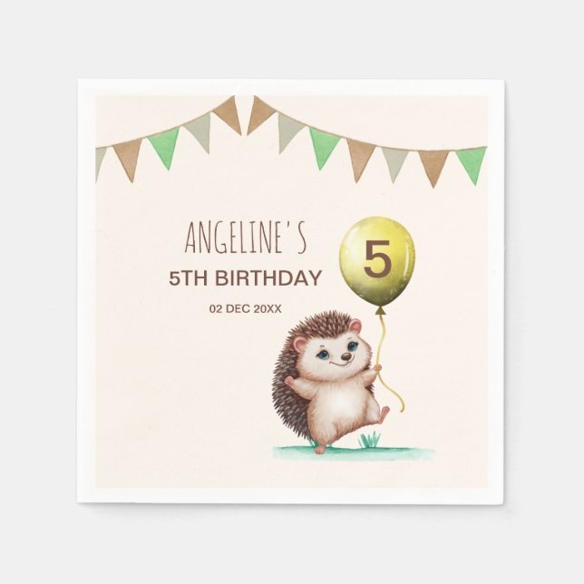 Fantasy Cute Happy Hedgehog Balloon Birthday  Napkins (Front)