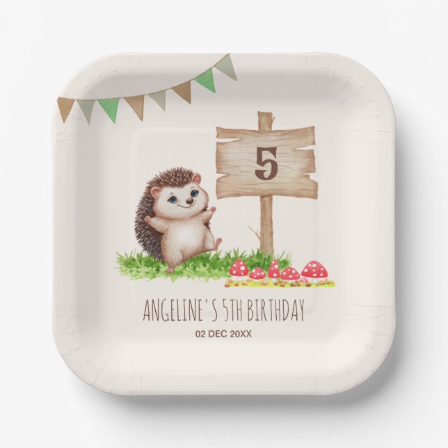 Fantasy Cute Happy Hedgehog Forest Birthday  Paper Plates (Front)