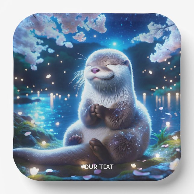 Fantasy Cute Happy Otter Night Paper Plates (Front)
