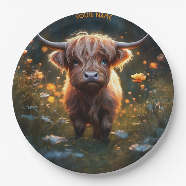 Fantasy Cute Highland Baby Cow Paper Plates (Front)