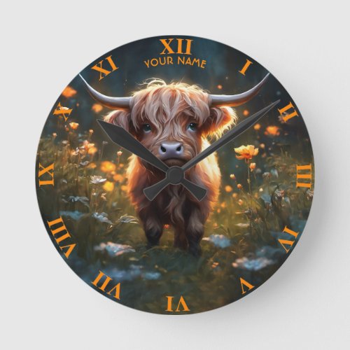 Fantasy Cute Highland Baby Cow Round Clock