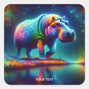 Fantasy Cute Hippo Multicolor Lights Square Sticker