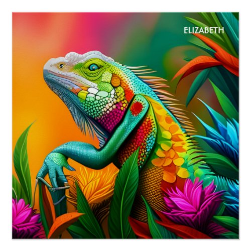 Fantasy Cute Iguana Art Deco Style Poster