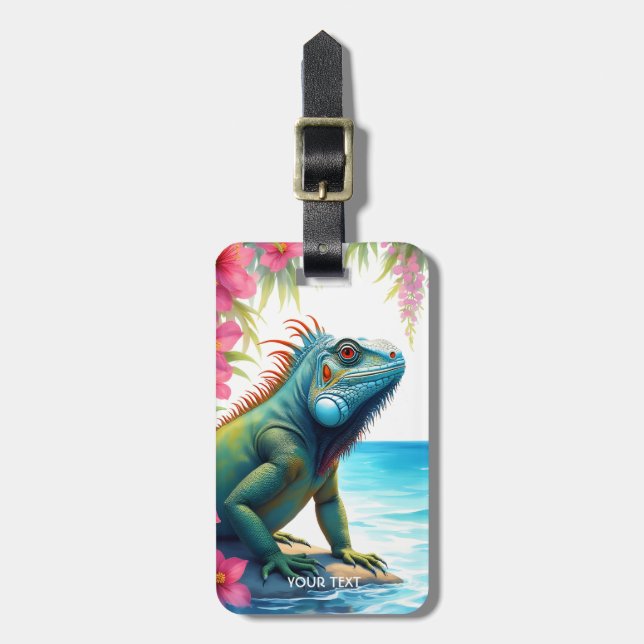 Fantasy Cute Iguana Flowers Sea Luggage Tag (Front Vertical)