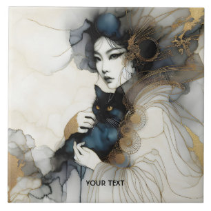 Fantasy Cute Japanese Girl Cat Ceramic Tile