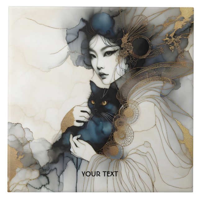 Fantasy Cute Japanese Girl Cat Ceramic Tile (Front)