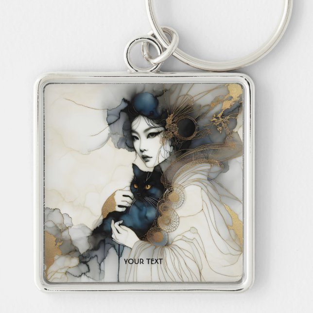 Fantasy Cute Japanese Girl Cat Keychain (Front)
