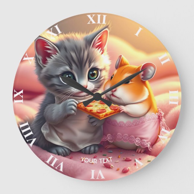 Fantasy Cute Kitten Hamster Pizza Large Clock (Front)
