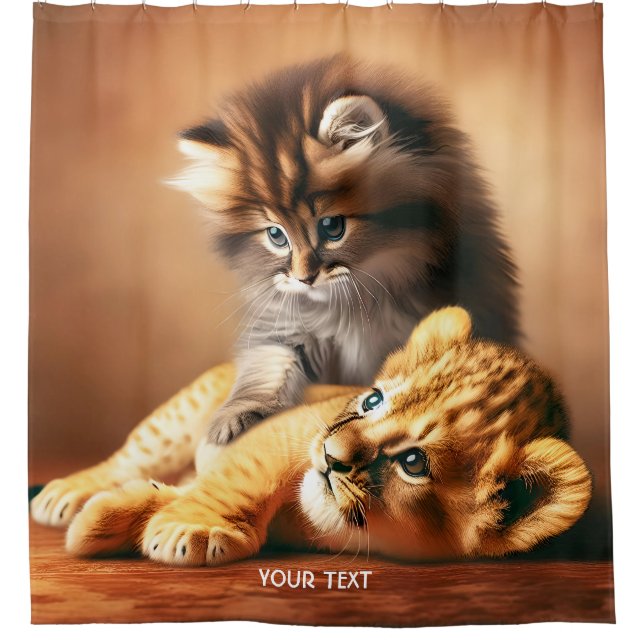 Fantasy Cute Kitten Playing With Tiger Shower Curtain (Front)