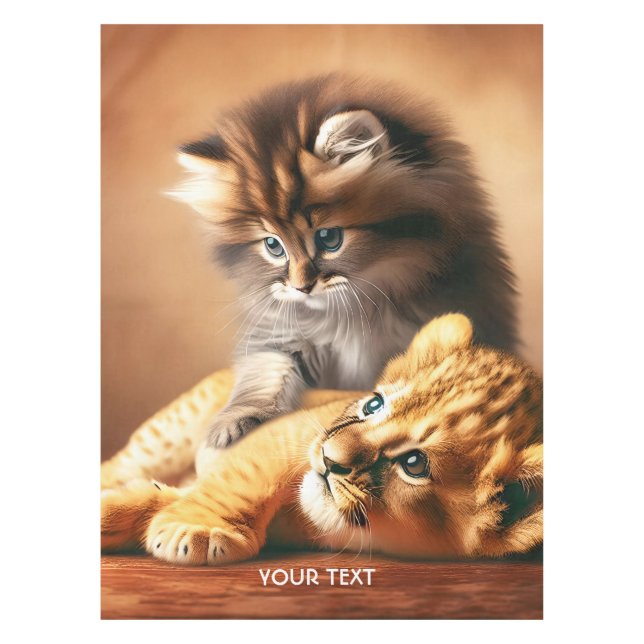Fantasy Cute Kitten Playing With Tiger Tablecloth (Front)