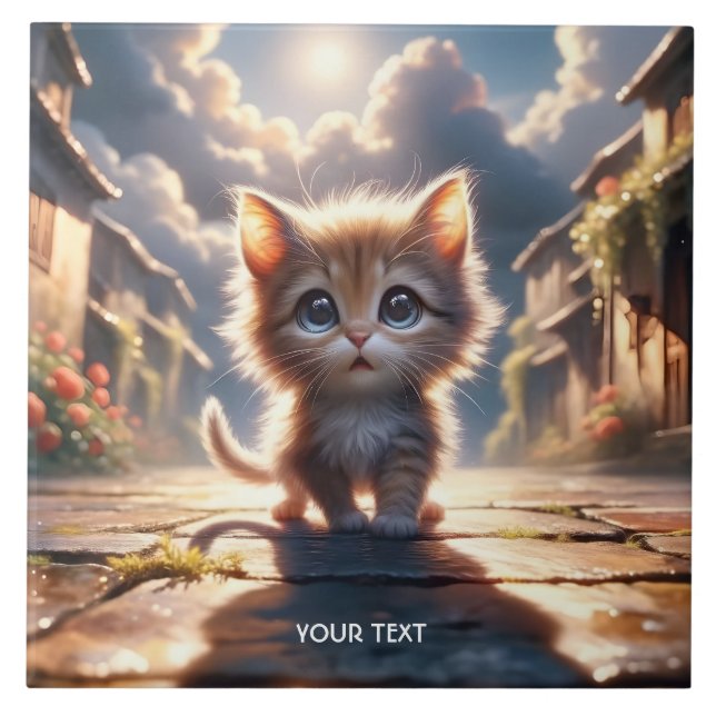 Fantasy Cute Kitten Road City Ceramic Tile (Front)
