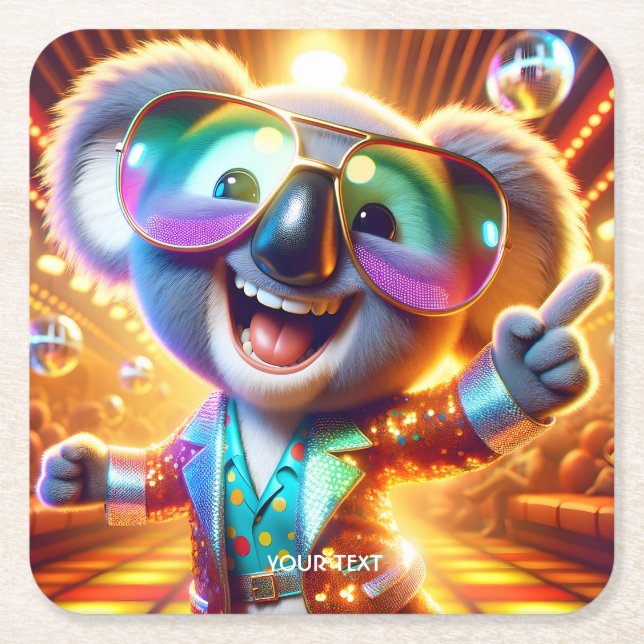Fantasy Cute Koala Dancing Disco Square Paper Coaster (Front)