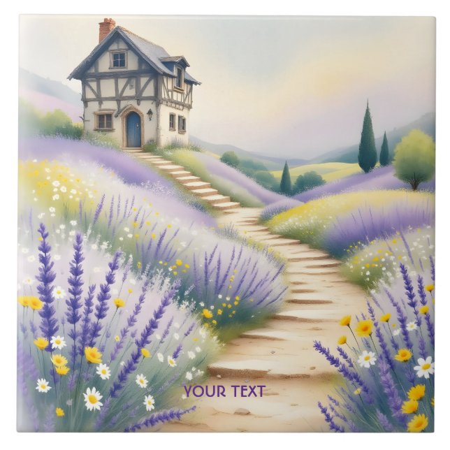 Fantasy Cute Lavender House Flowers Ceramic Tile (Front)