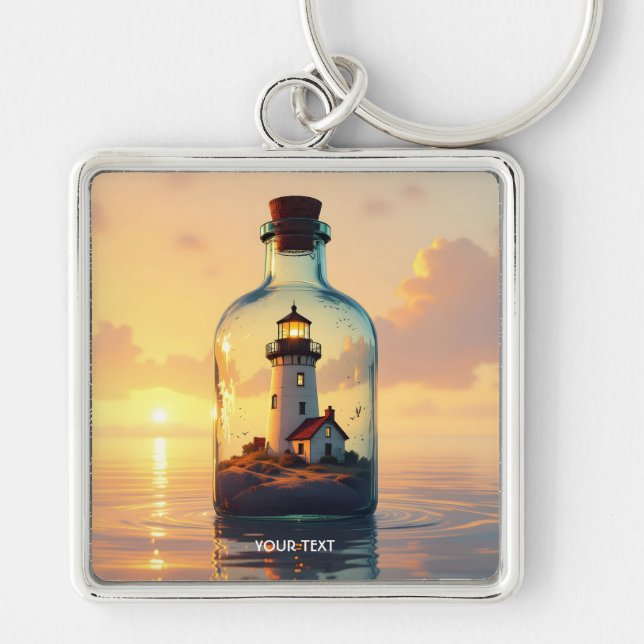 Fantasy Cute Lighthouse In Bottle Keychain (Front)