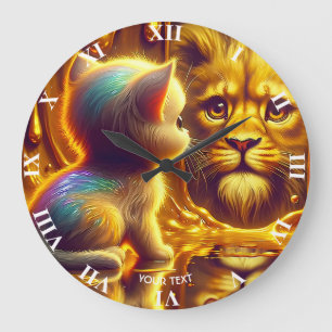 Fantasy Cute Lion And Kitten Large Clock