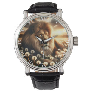 Fantasy Cute Lion Flowers Sunset Watch