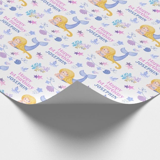 Fantasy Cute Little Mermaid Kids Birthday  Wrapping Paper (Corner)