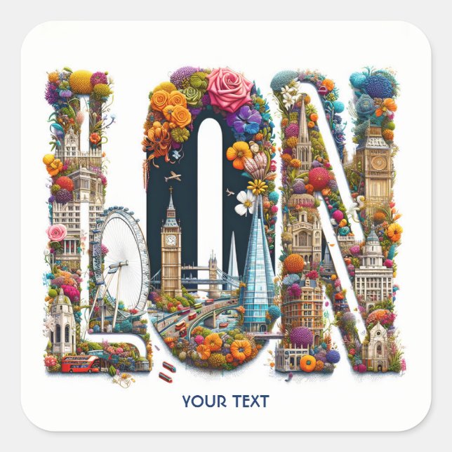 Fantasy Cute London Building Flowers Square Sticker (Front)
