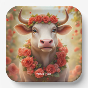 Fantasy Cute Lovely Cow Roses Paper Plates