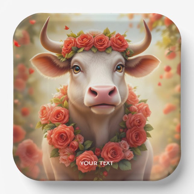 Fantasy Cute Lovely Cow Roses Paper Plates (Front)