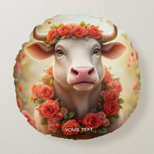 Fantasy Cute Lovely Cow Roses Round Pillow