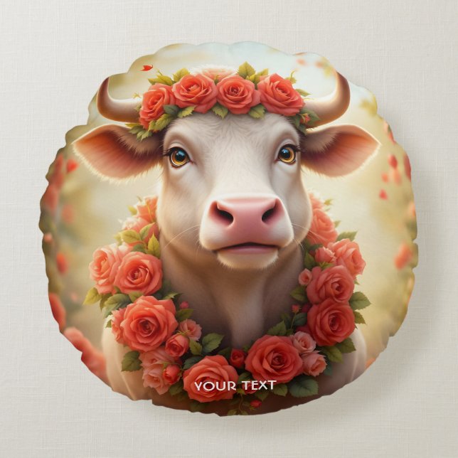 Fantasy Cute Lovely Cow Roses Round Pillow (Front)