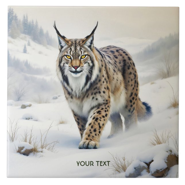Fantasy Cute Lynx Winter Snow Ceramic Tile (Front)
