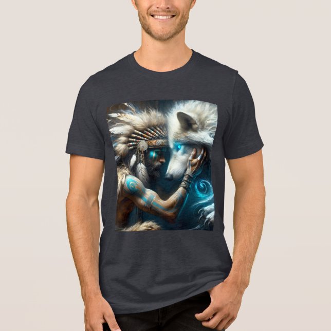 Fantasy Cute Man Hugging Wolf Tri-Blend Shirt (Front)