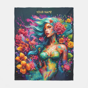 Fantasy Cute Mermaid Hat Flowers Fleece Blanket