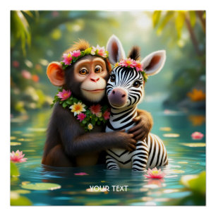 Fantasy Cute Monkey Zebra Hug Poster