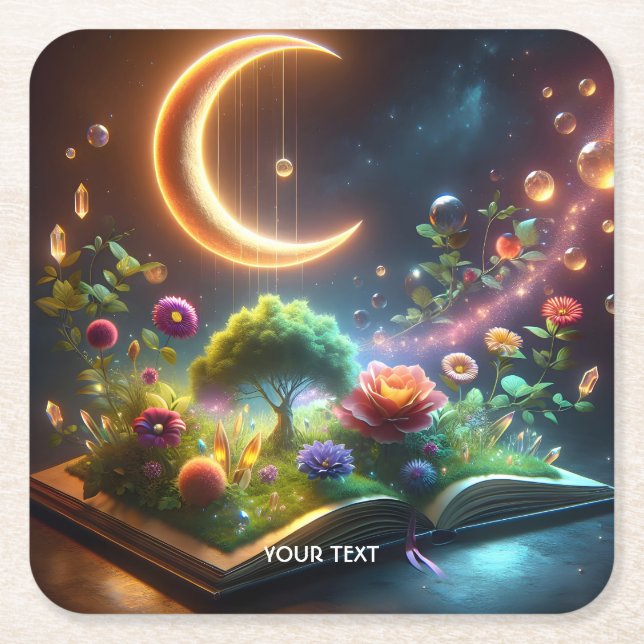 Fantasy Cute  Moon Garden Book Square Paper Coaster (Front)