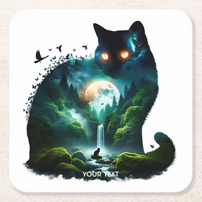 Fantasy Cute Moon Waterfall Cat Square Paper Coaster (Front)