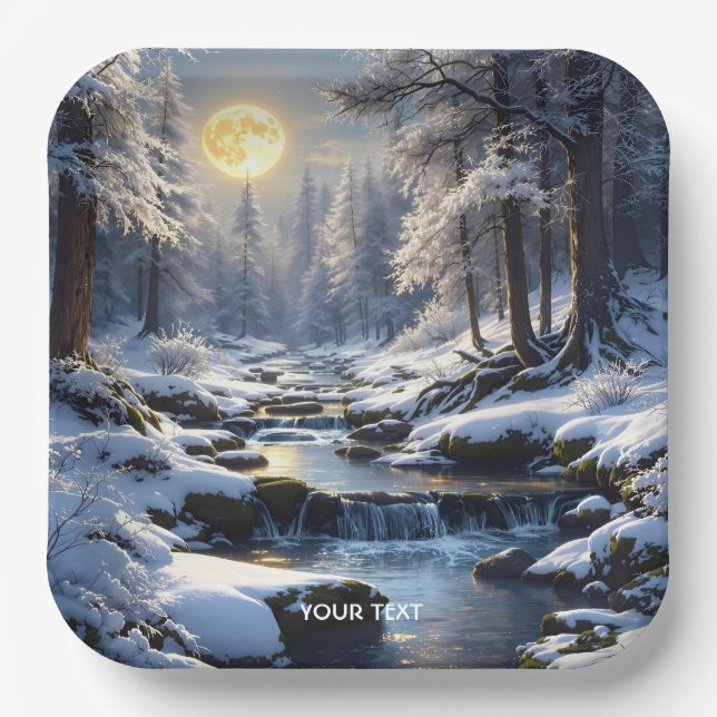 Fantasy Cute Moon Winter Forest Paper Plates (Front)