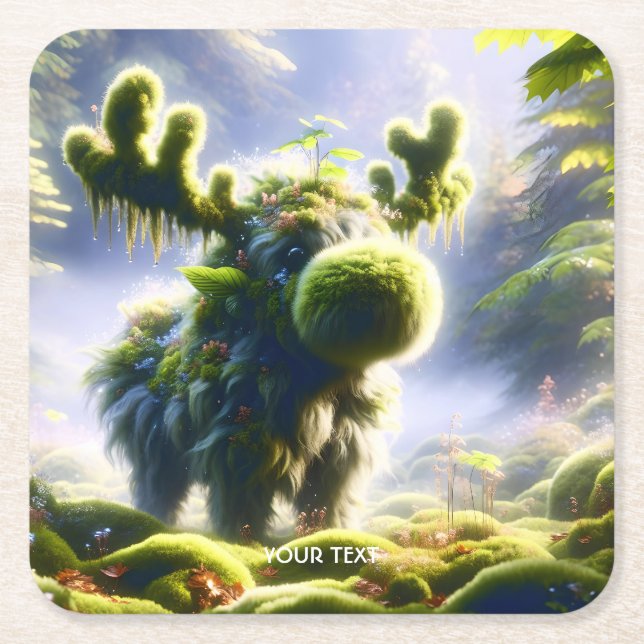 Fantasy Cute Moss Moose Forest Square Paper Coaster (Front)