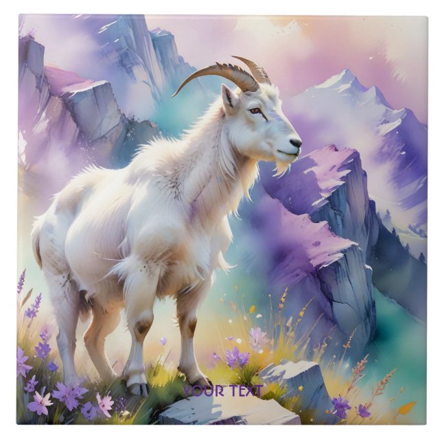 Fantasy Cute Mountain Goat Meadow Ceramic Tile (Front)