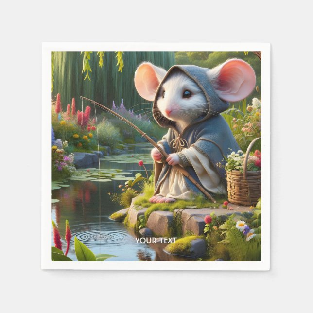 Fantasy Cute Mouse Fishing Flowers Napkins (Front)
