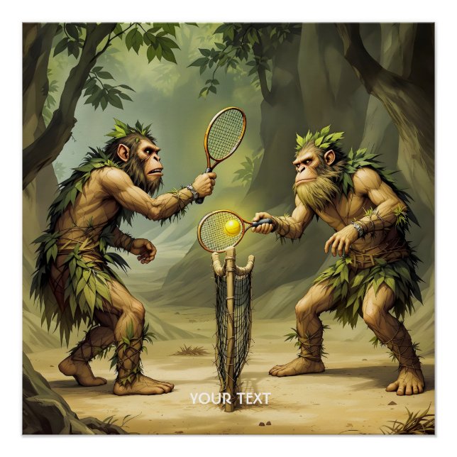 Fantasy Cute Neandertals Playing Tennis Poster (Front)