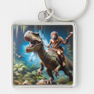 Fantasy Cute Neanderthal Riding Dinosaur Keychain
