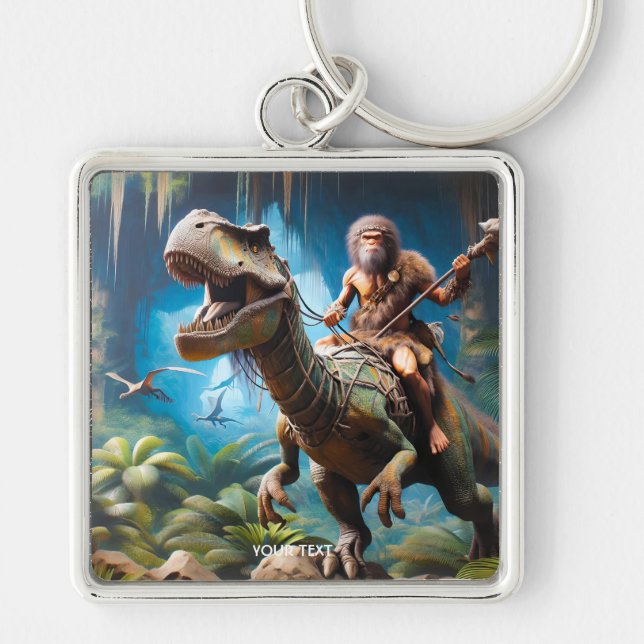 Fantasy Cute Neanderthal Riding Dinosaur Keychain (Front)