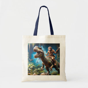 Fantasy Cute Neanderthal Riding Dinosaur Tote Bag